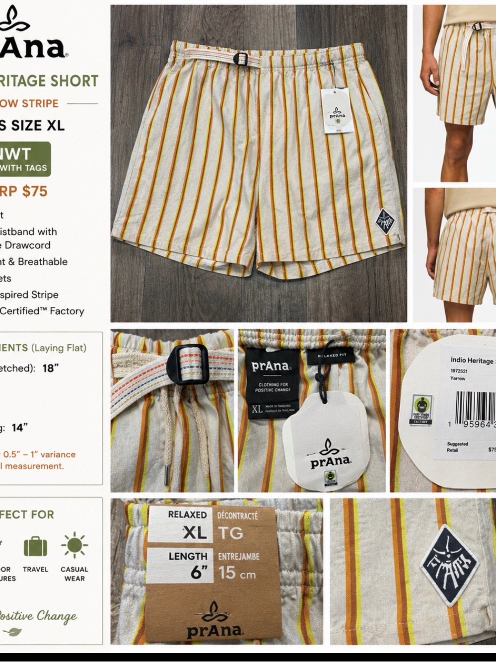 NWT prAna Indio Heritage Shorts Men’s XL Yarrow Stripe Relaxed Fit  MSRP $75